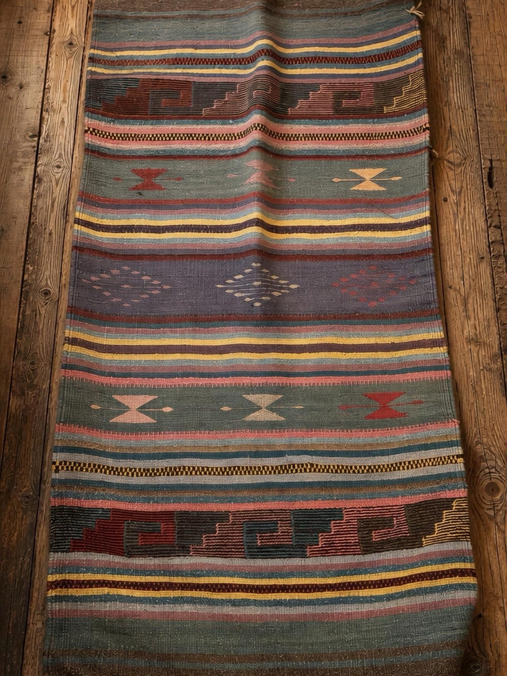 Source Unknown Blue Green Red Multi-Color Southwestern Kilim Rug